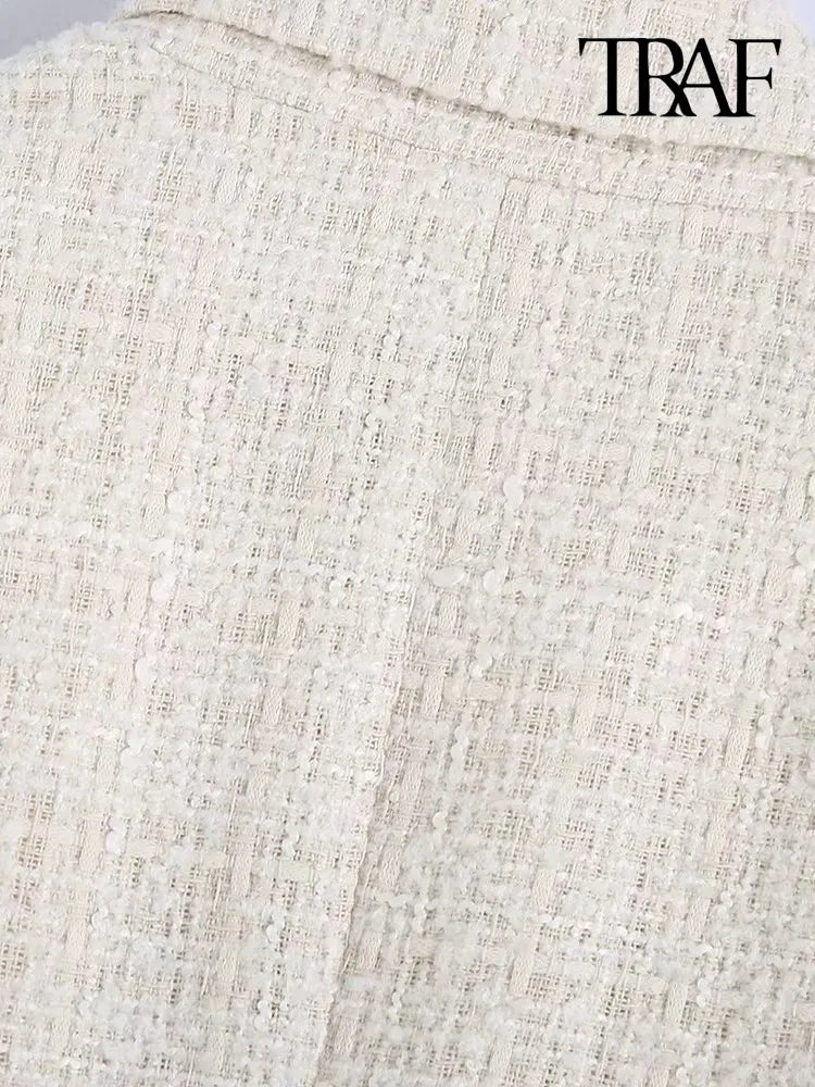 Women Fashion Tweed Double Breasted Blazer Coat Vintage Long Sleeve Flap Pockets Female Outerwear Chic Veste Femme