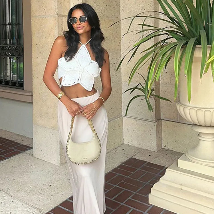 Knitted 3d Flower Women Halter Vest Sexy Hollow Out Backless Female Crop Top Summer Sleeveless Lace Up Holiday Lady Beachwear