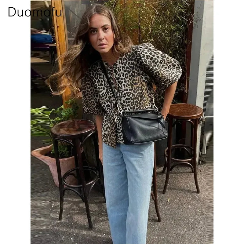 Duomofu Leopard Bow Lace Up Women Shirts Blouses Loose Y2K Puff Sleeve Pleat Shirt Top Summer New Cropped Lady Streetwear