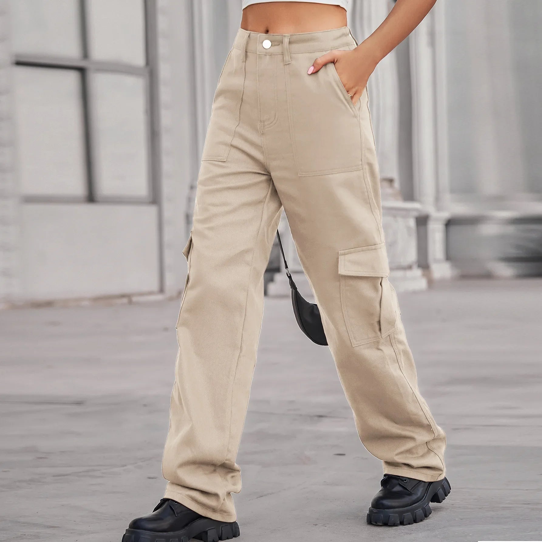 Women's trend cargo pants women New denim with semi elastic design personalized and versatile workwear pants light khaki