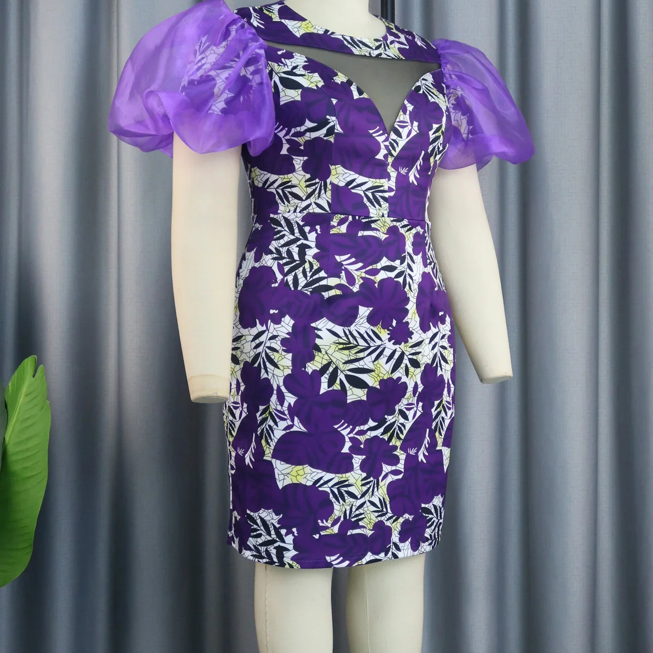 Purple Printed Dresses O Neck Tulle Patchwork Short Puff Sleeve Floral High Waist Bodycon Birthday Evening Event Party Gowns