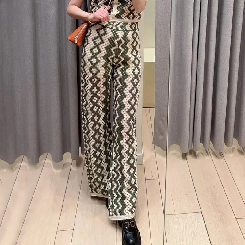 Women Hollow Handmade Crochet Plaid Suit Summer New Casual O-neck Single Breasted Tops or Straight Pants Pants