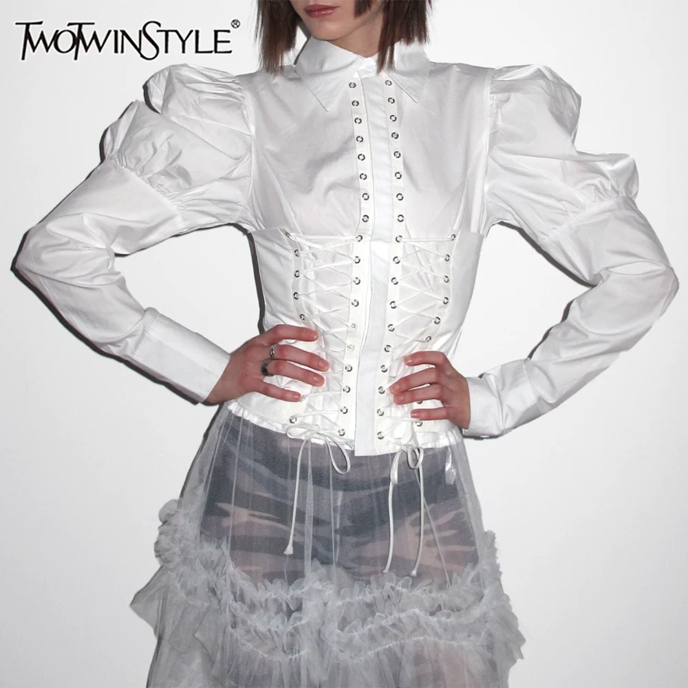 TWOTWINSTYLE Solid Slimming Spliced Lace Up Elegant Blouses for Women Lapel Long Sleeves Patchwork Folds Top Female Clothing New