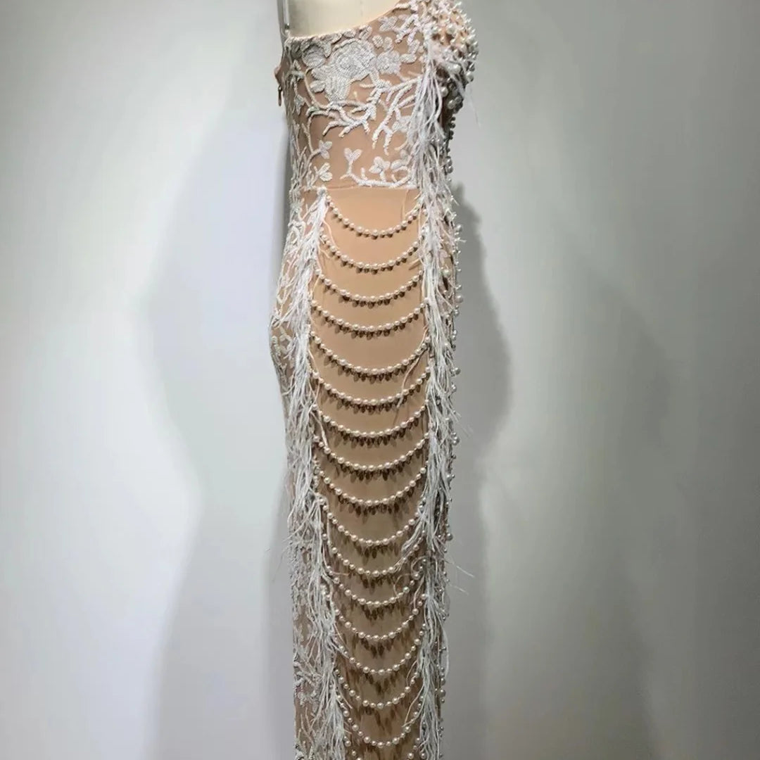 Top Quality Handmake Luxury Women Sleeveless Sexy Feathers Pearl Beading Bodycon Long Dress Fashion Celebrate Red Carpet Dress
