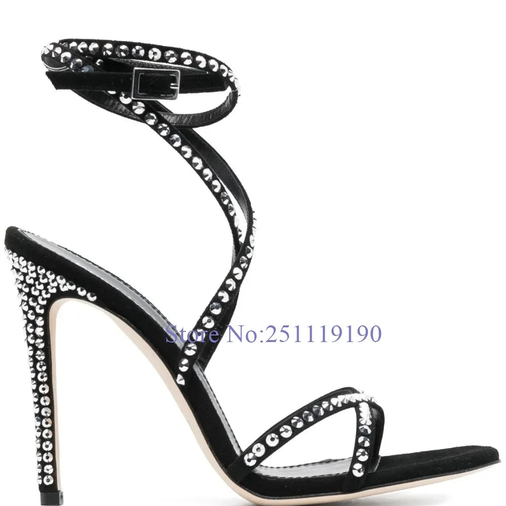 Brown Crystal Heeled Sandals Cross Strap Black High Heels Women Elegant Luxury Designer Shoes Summer 2025 Buckle Strap Sandalias