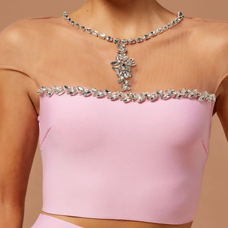 Women Luxury Sexy Mesh Crystal Beading Pink Two Piece Pants Bandage Set 2023 Celebrity Designer Fashion Women's Set