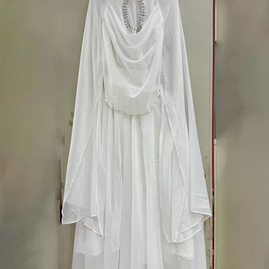 Solid Loose Sheer Spliced Bead Elegant Dresses for Women High Neck Long Sleeves Patchwork Folds Dress Female New