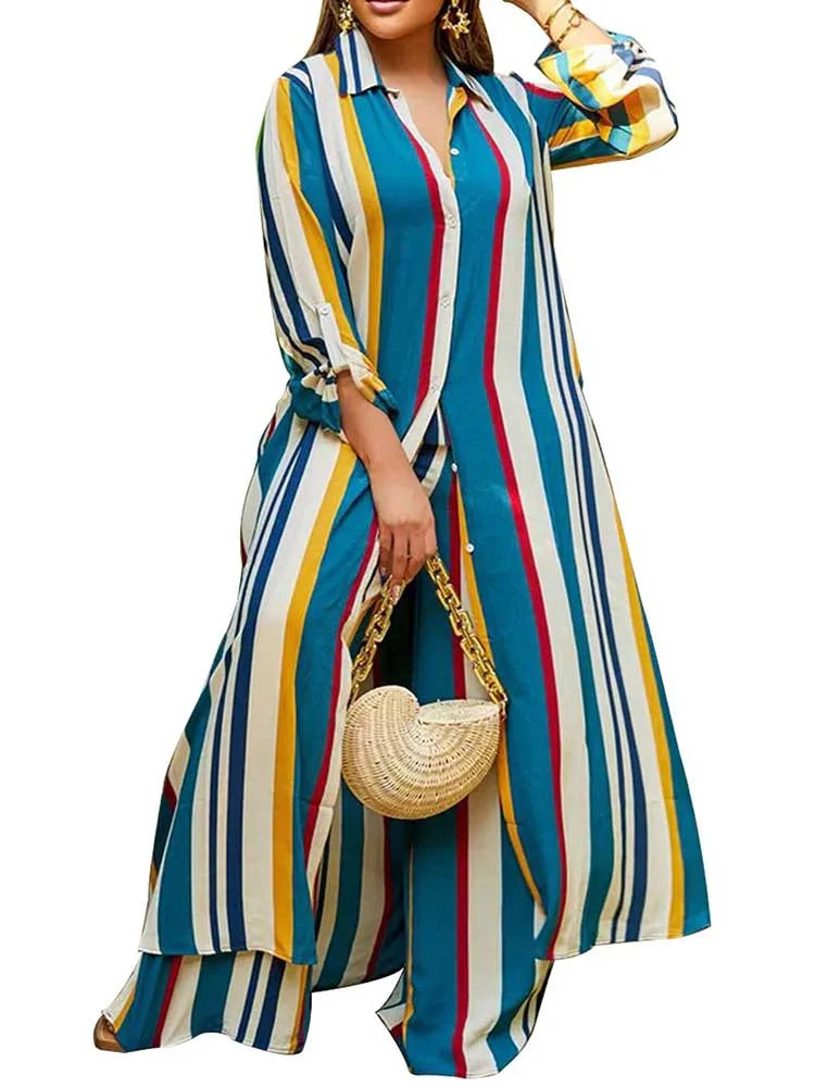 2 Piece Outfit Set Women Plus Size Matching Sets Long Shirt Top and Pants Sets Striped Casual Outfits 5xl Women Autumn Clothes