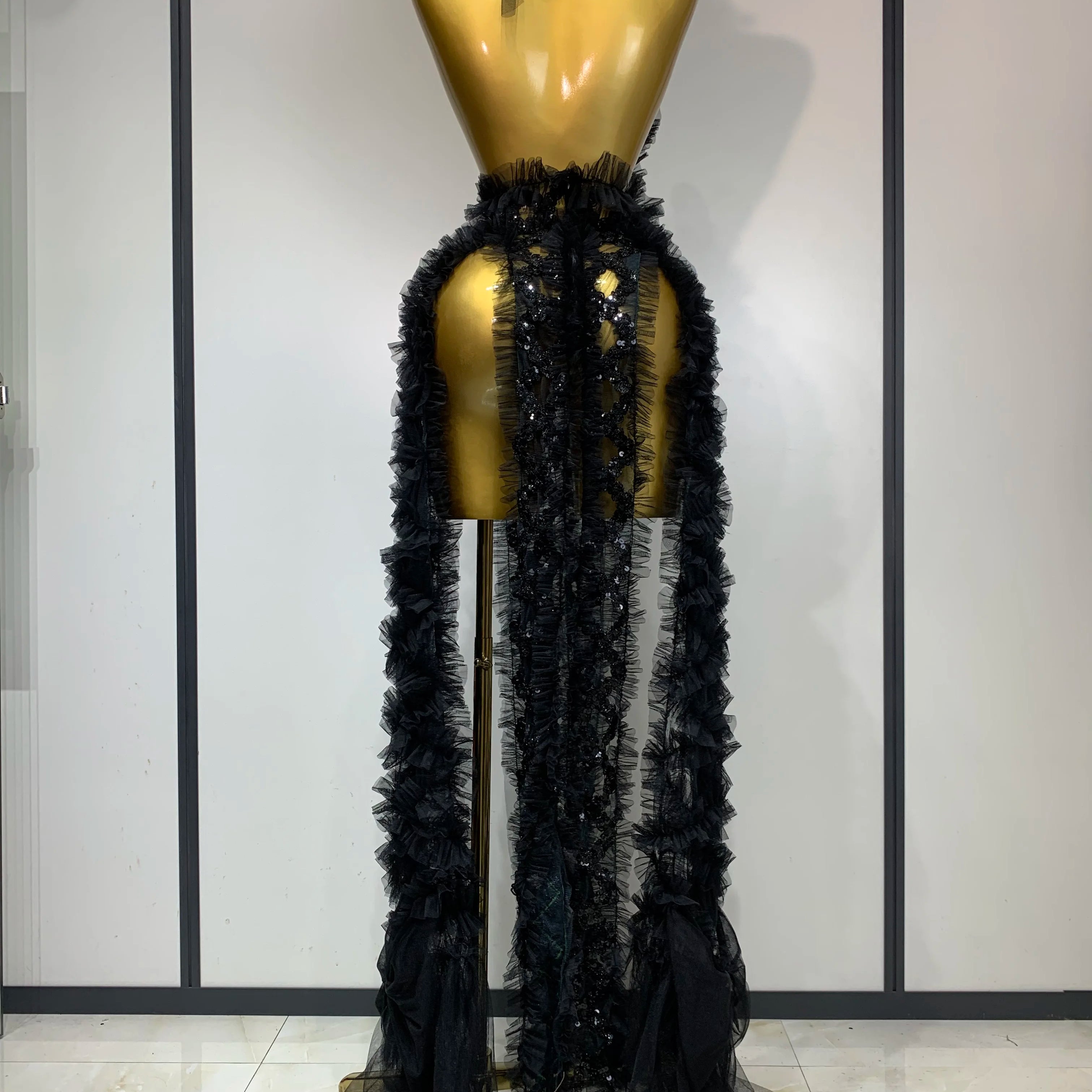 Vestido transparente com lantejoulas de malha preta, sexy, frente única, festa noturna, baile, boate, cantor, traje para performance no palco, 2025