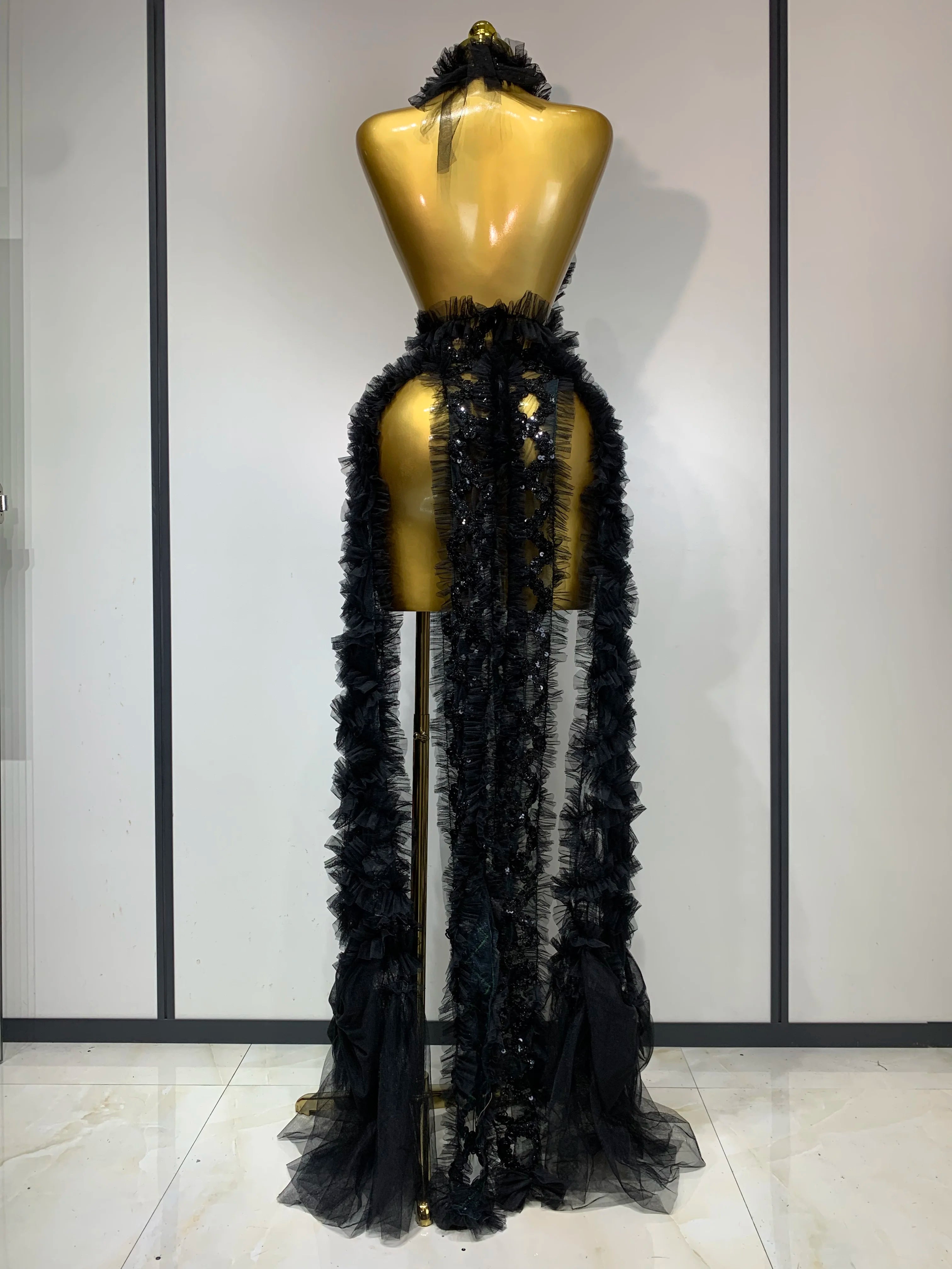 Vestido transparente com lantejoulas de malha preta, sexy, frente única, festa noturna, baile, boate, cantor, traje para performance no palco, 2025