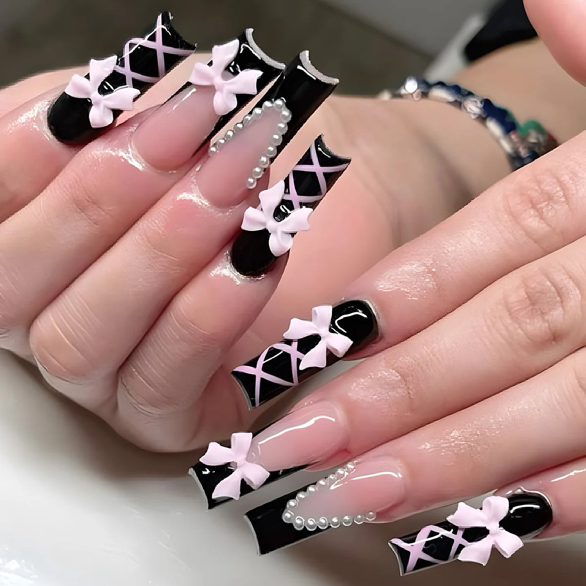 24Pcs Long Square Press on False Nails Heart Pearl Star Rhinestone Fake Nails Zebra Stripe French Wearable Full Cover Nails Tips