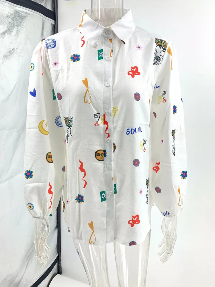 Casual Women's Print Shirt Lantern Sleeve Single Breasted Turn-down Collar Female Shirts Fashion Cartoon Lady Top Street