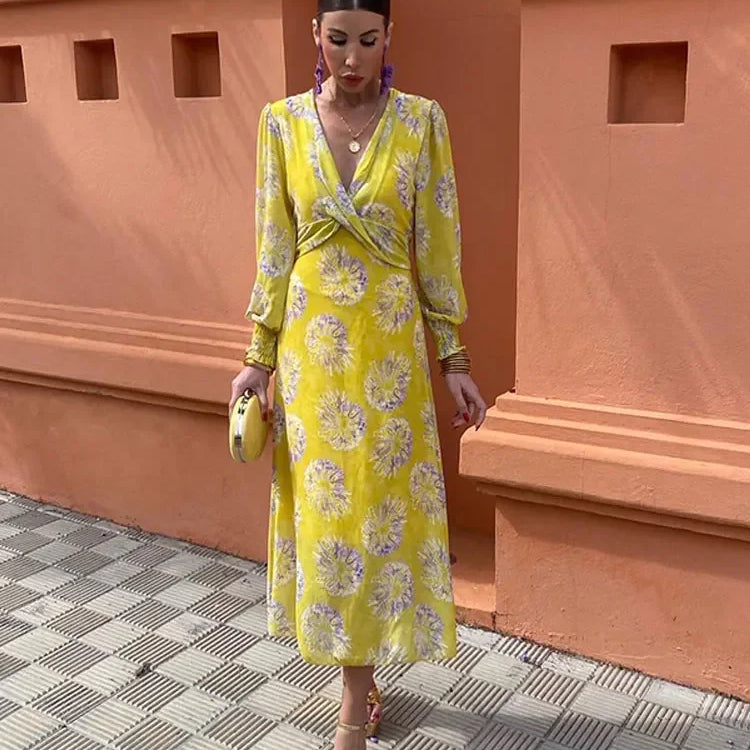 Elegant Flower Print Maxi Dress For Women Fashion Pleated V-neck Long Sleeve Slim Robe Spring New Lady High Street Vestidos