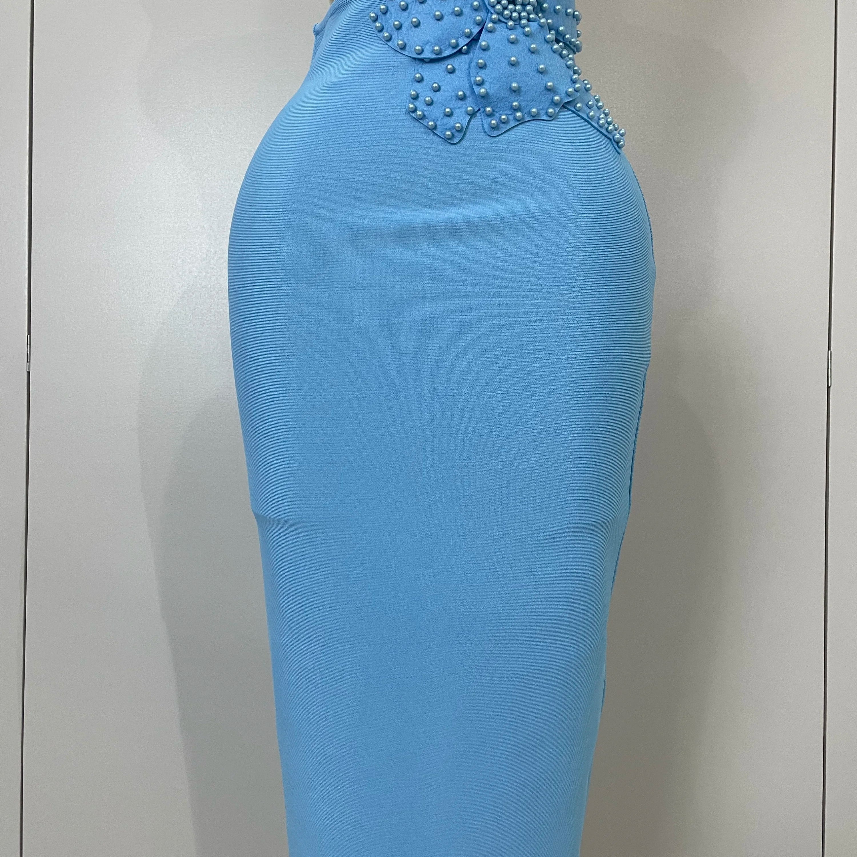 Luxury Sexy One Shoulder Pearl Sky Blue Bodycon Bandage Dress 2025 Women Celebrity Elegant Evening Club Birthday Party Outfit