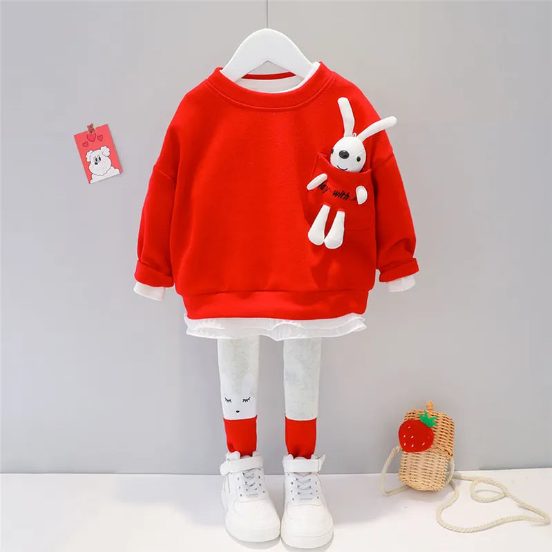 Girls Clothes Spring Autumn Baby Kids Clothing Sets Hooded Casual T Shirt Pants Toddler Infant Tracksuit Children Outfits AC2125-Red