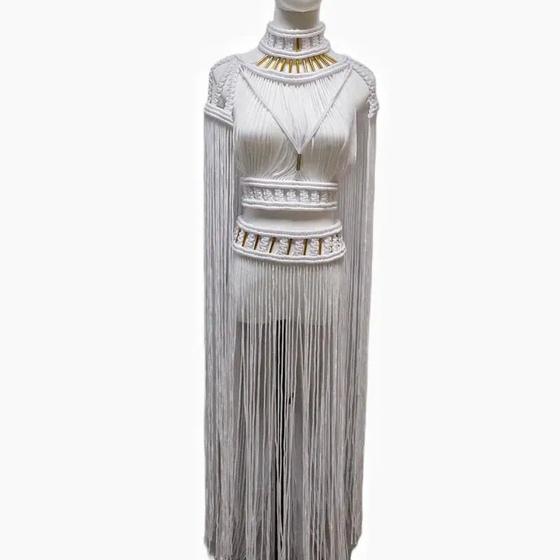 Tassel Hand Crochet Knitted Women Bikini Cover Ups 2023 Summer Holiday Beach Bathing Suit Sexy Hollow Out Skirts Matching Set A04white One Size