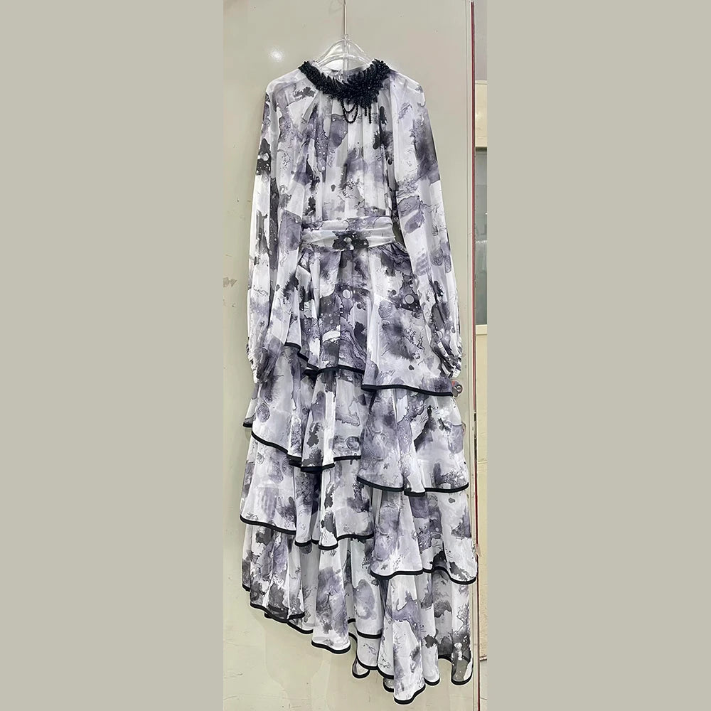 TWOTWINSTYLE Hit Color Sheer Spliced 3D Flower Dresses for Women Round Neck Long Sleeves Patchwork Ruffles Folds Dress Female