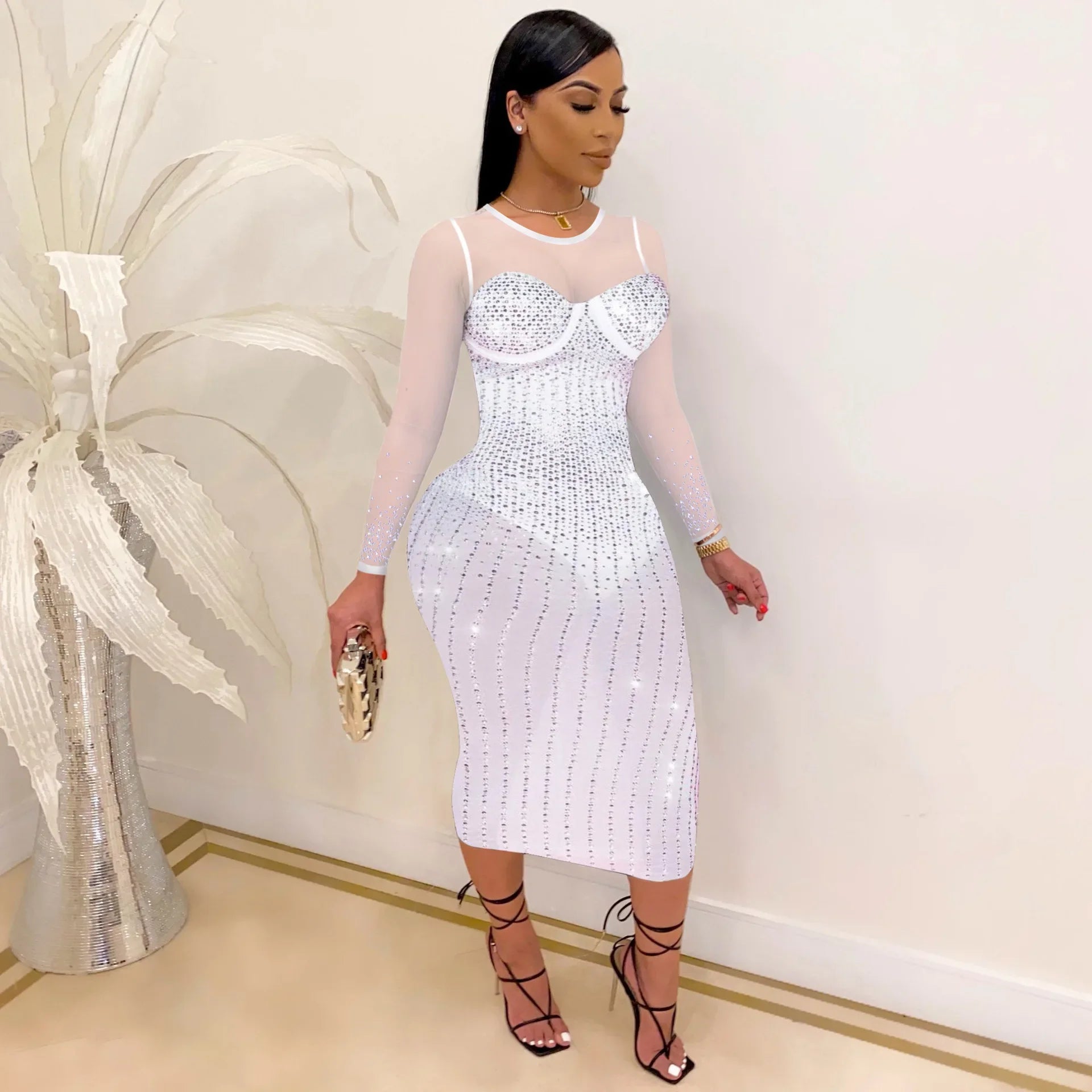 CM.YAYA Mesh See Though Hot Rhinestones Plunging V-neck Midi Bodycon Dress  Women Sexy Club Party Dresses Pencil Vestidos