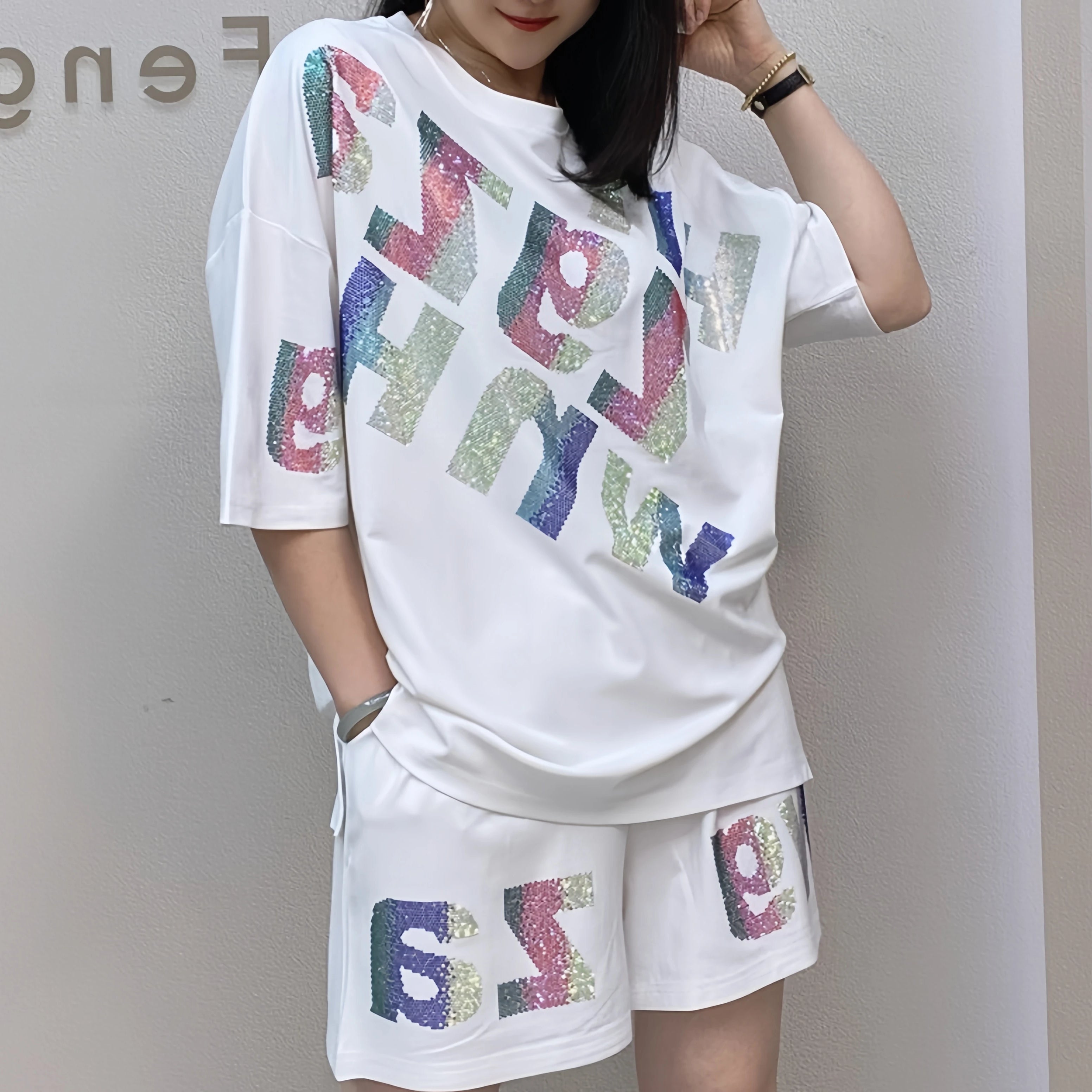 Oversized summer short-sleeved T-shirt and shorts casual set, Rhinestone wide-leg pants two-piece women's set