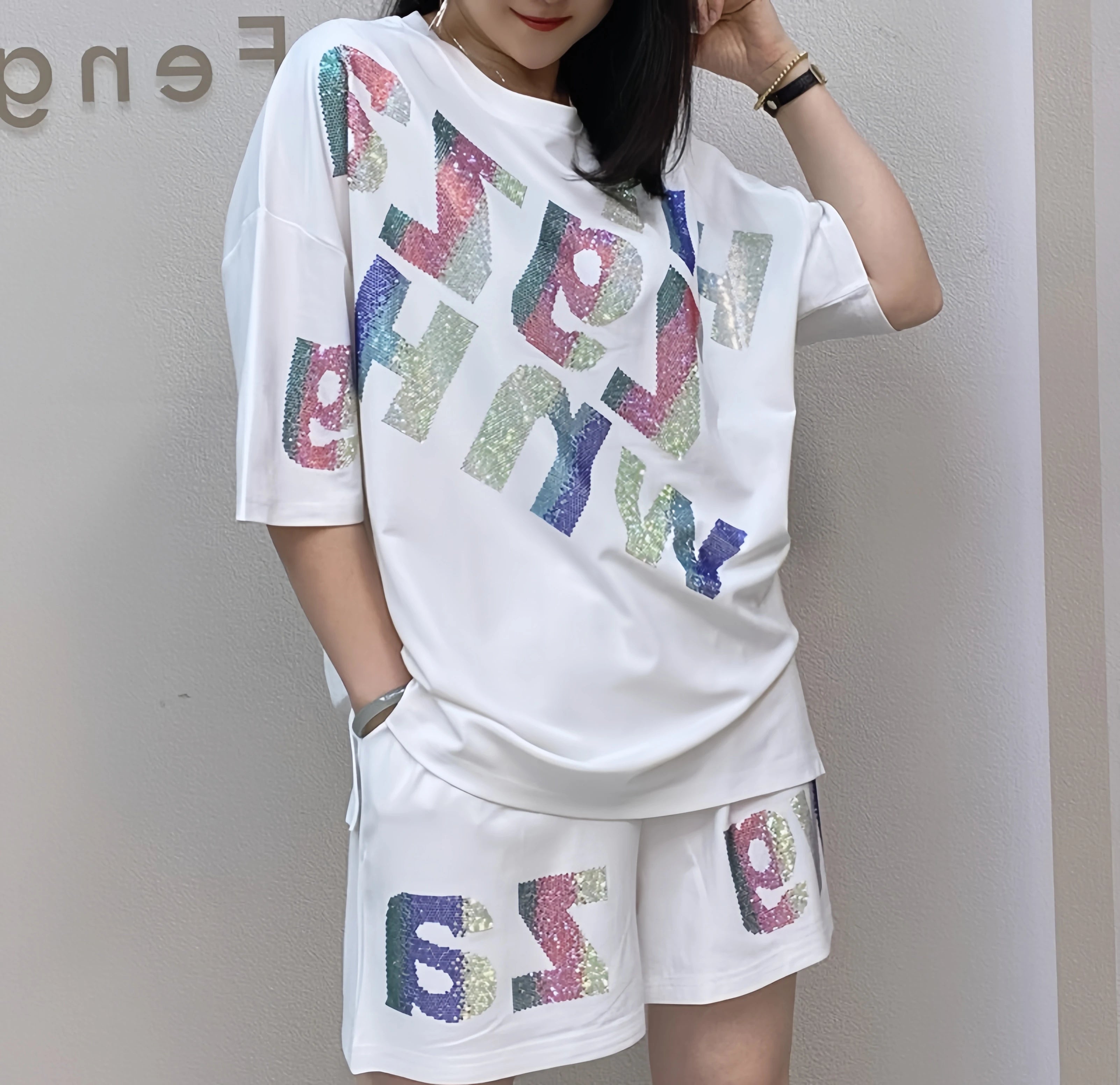 Oversized summer short-sleeved T-shirt and shorts casual set, Rhinestone wide-leg pants two-piece women's set