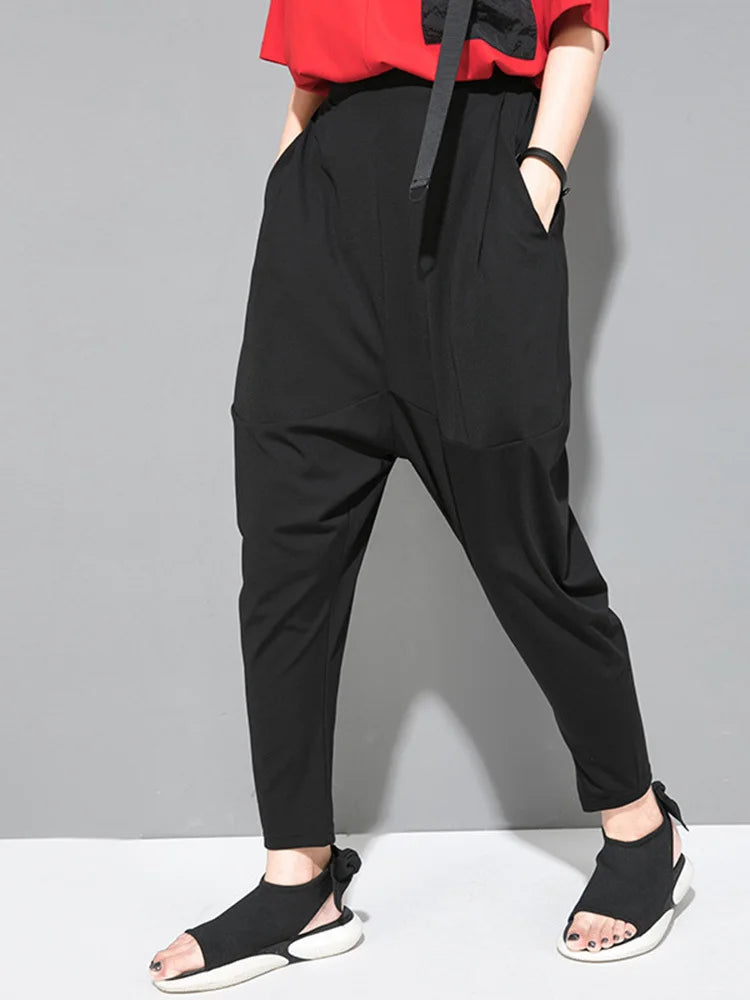 [EAM] High Elastic Waist Black Pockets Thin Harem Pants New Loose Fit Trousers Women Fashion Tide Spring Summer 1DF4728 Black