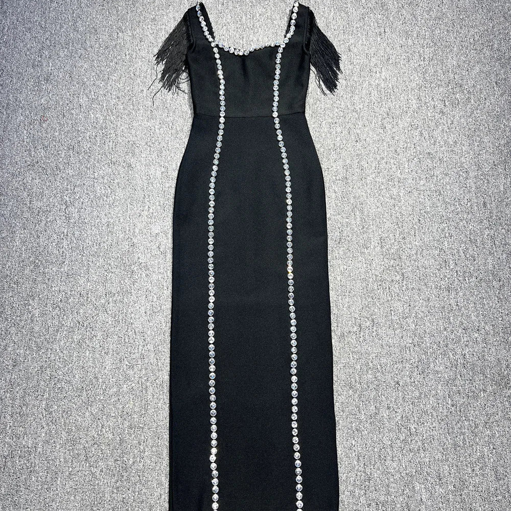 Arrival Women Sleeveless Sexy Square Collar Tassels Bodycon Bandage Long Dress Celebrate Nightclub Evening Party Dress