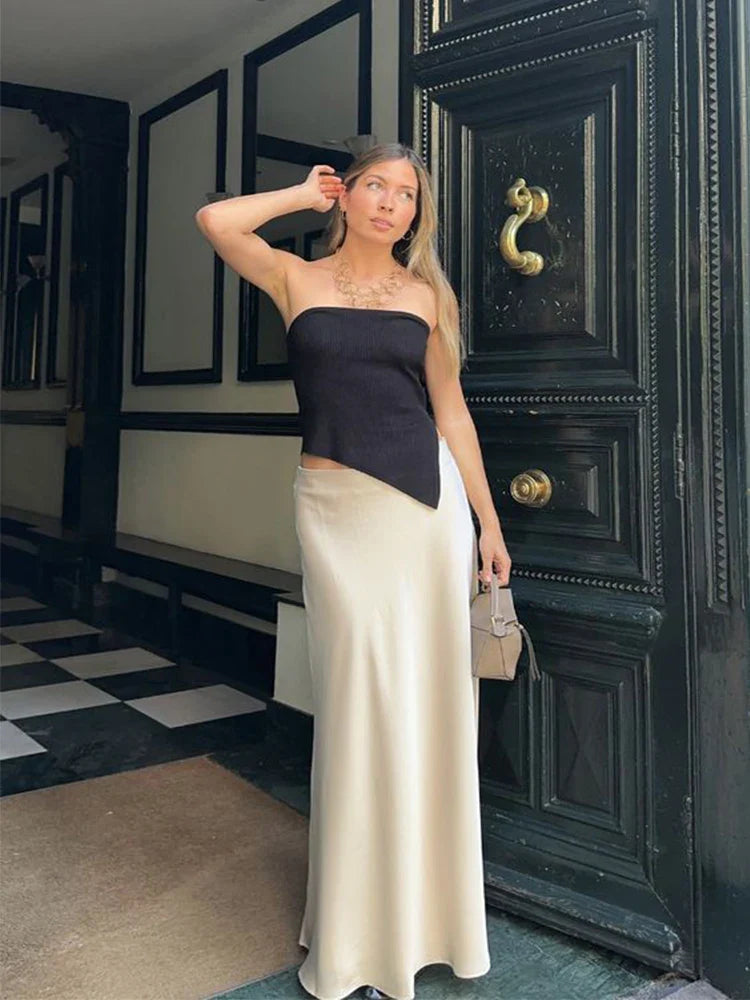Chic Satin Maxi Skirt Female Slim High Waist Soild Black White Long Skirt Streetwear Elegant Ladies Casual Office Long Skirt