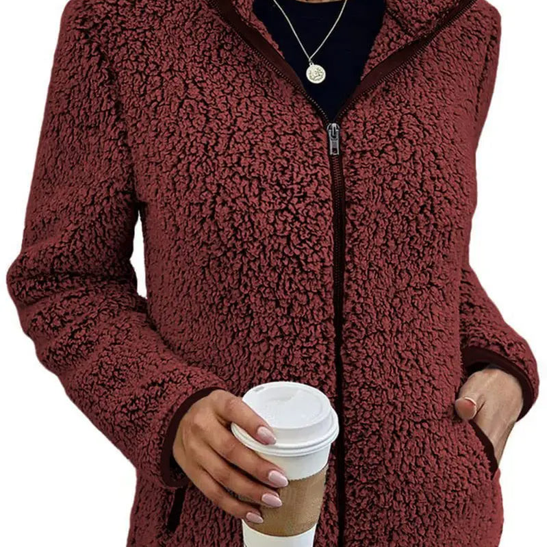 Women Solid Fleece Jackets Casual Fashion Stand Collar Coat Female Long Sleeve Zipper Outerwear Lady Clothes Autumn Winter