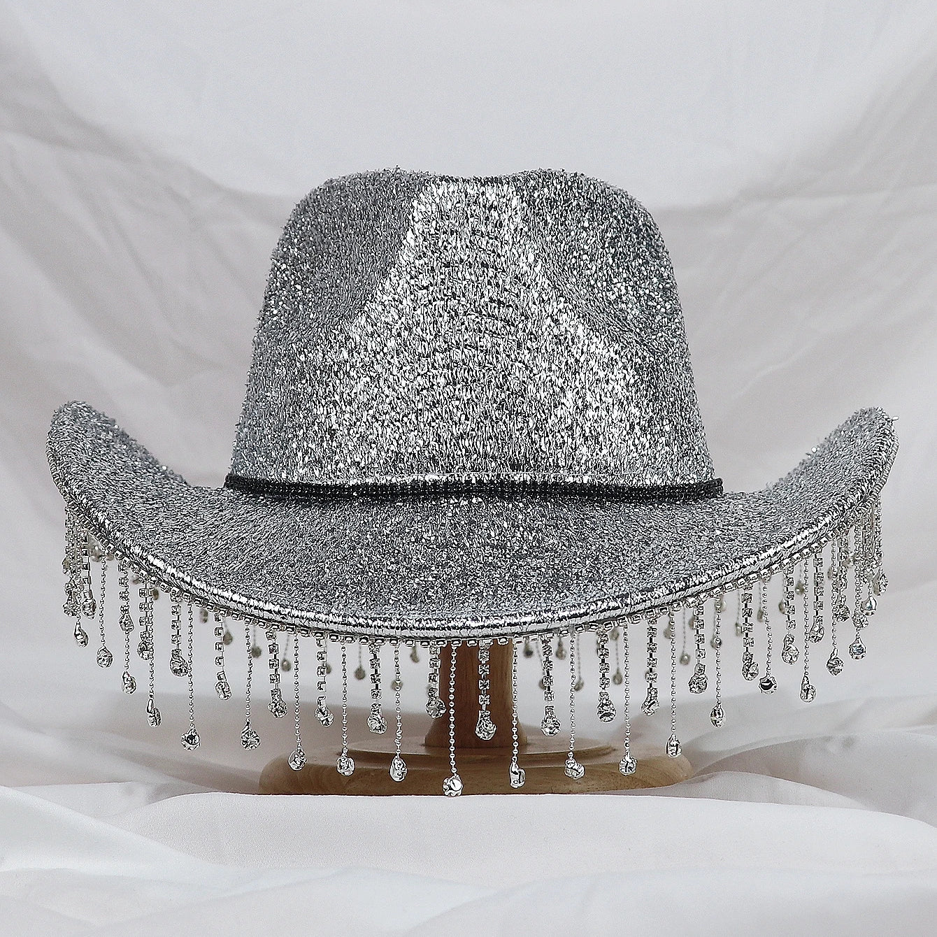 Silver Lady Western Cowboy Hat Rhinestone Tassel Party Hat Stylish Soft Duffle Hat Wide Brim Shade Outdoor Casual