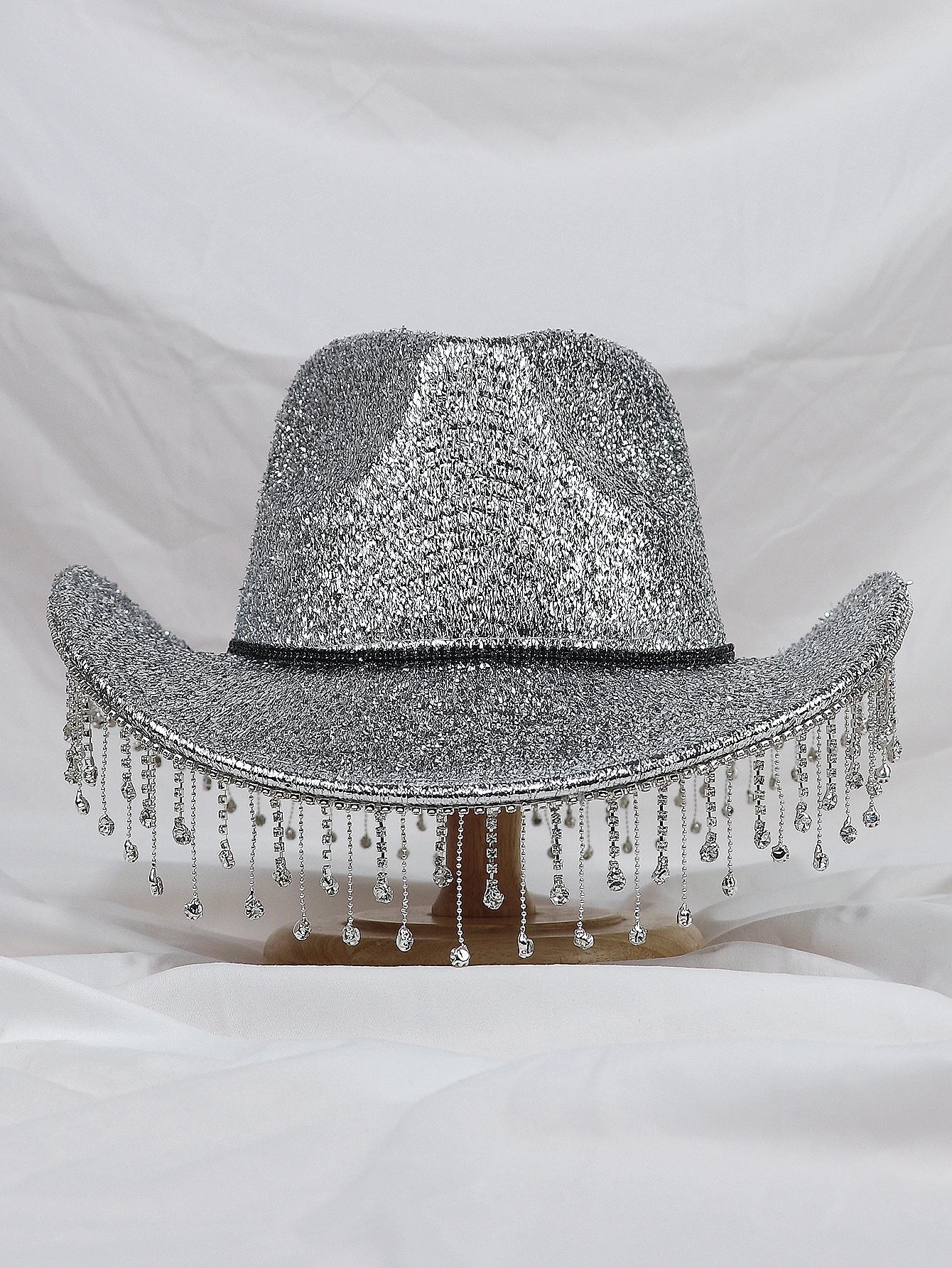 Silver Lady Western Cowboy Hat Rhinestone Tassel Party Hat Stylish Soft Duffle Hat Wide Brim Shade Outdoor Casual