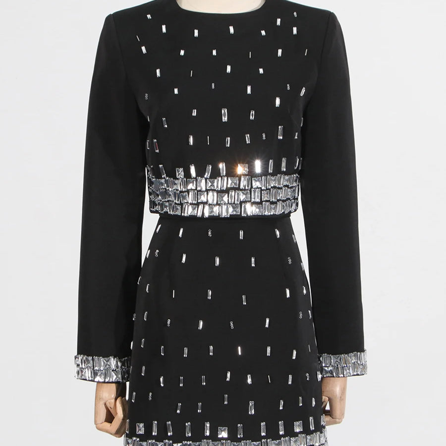 TWOTWINSTYLE Solid Slimming Spliced Bead Two Piece Sets for Women Round Neck Long Sleeves Short Top High Wasit Skirt Set Female