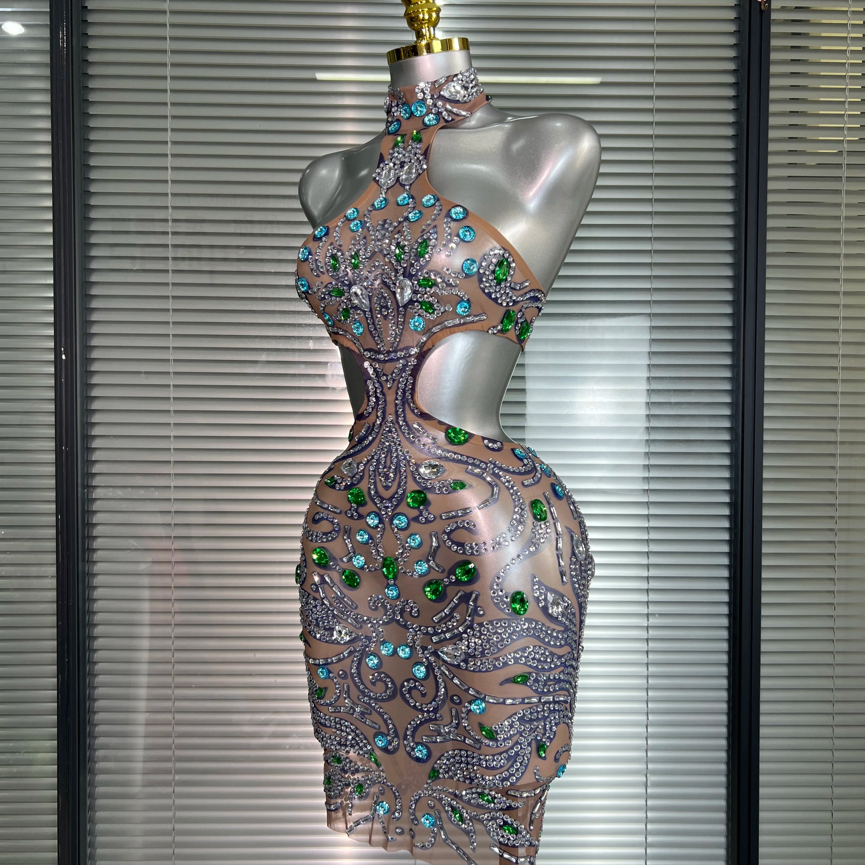 Celebrity New Women Sexy Print Mesh Sheer Crystal Rhinestones Stage Costume Stage Dancer Night Club Mini Party Dress