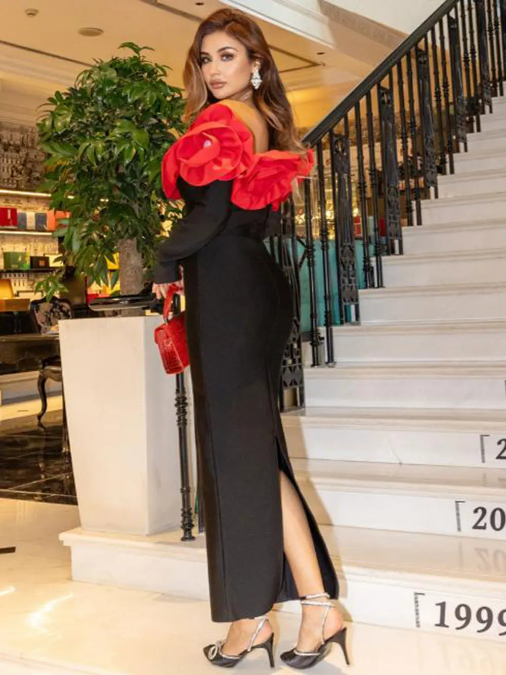 2025 Sexy Women's 3D Red Large Flower Design Bandage Dress with One Collar Card Sleeve Bodycon Long Dress Evening Party Vestidos