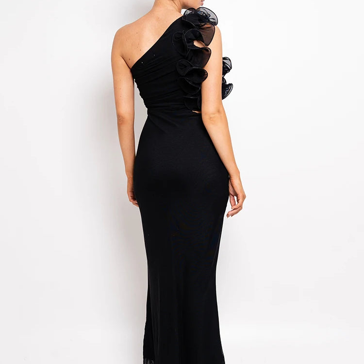 Shoulder Floral Mesh Ruched Sexy Maxi Dress For Women Gown Oblique Shoulder Sleeveless Backless Bodycon Long Dress