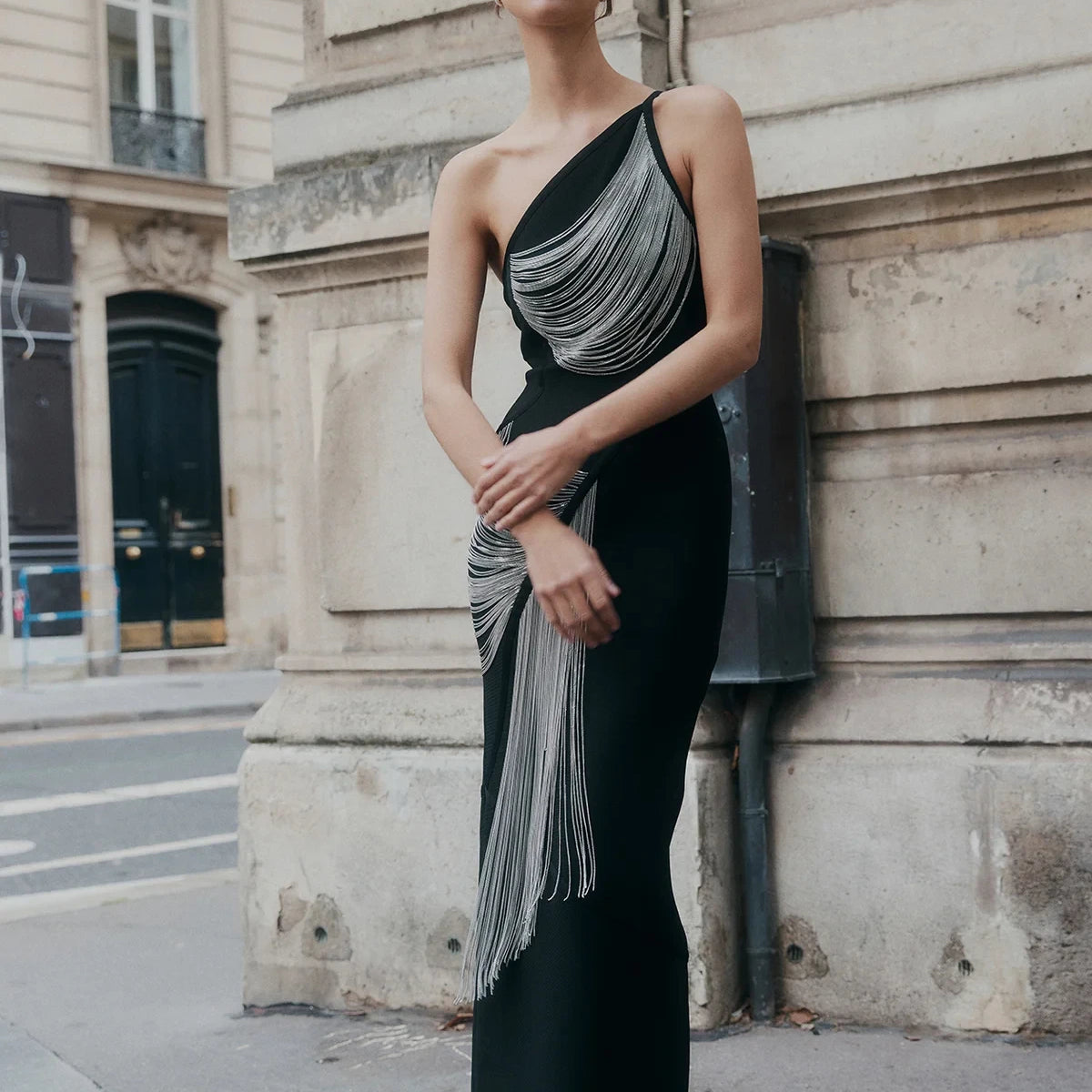 New Arrival Women Sexy Halter Off the Shoulder Silver Tassels Bodycon Long Bandage Dress Evening Party Celebrate Cocktail Wear