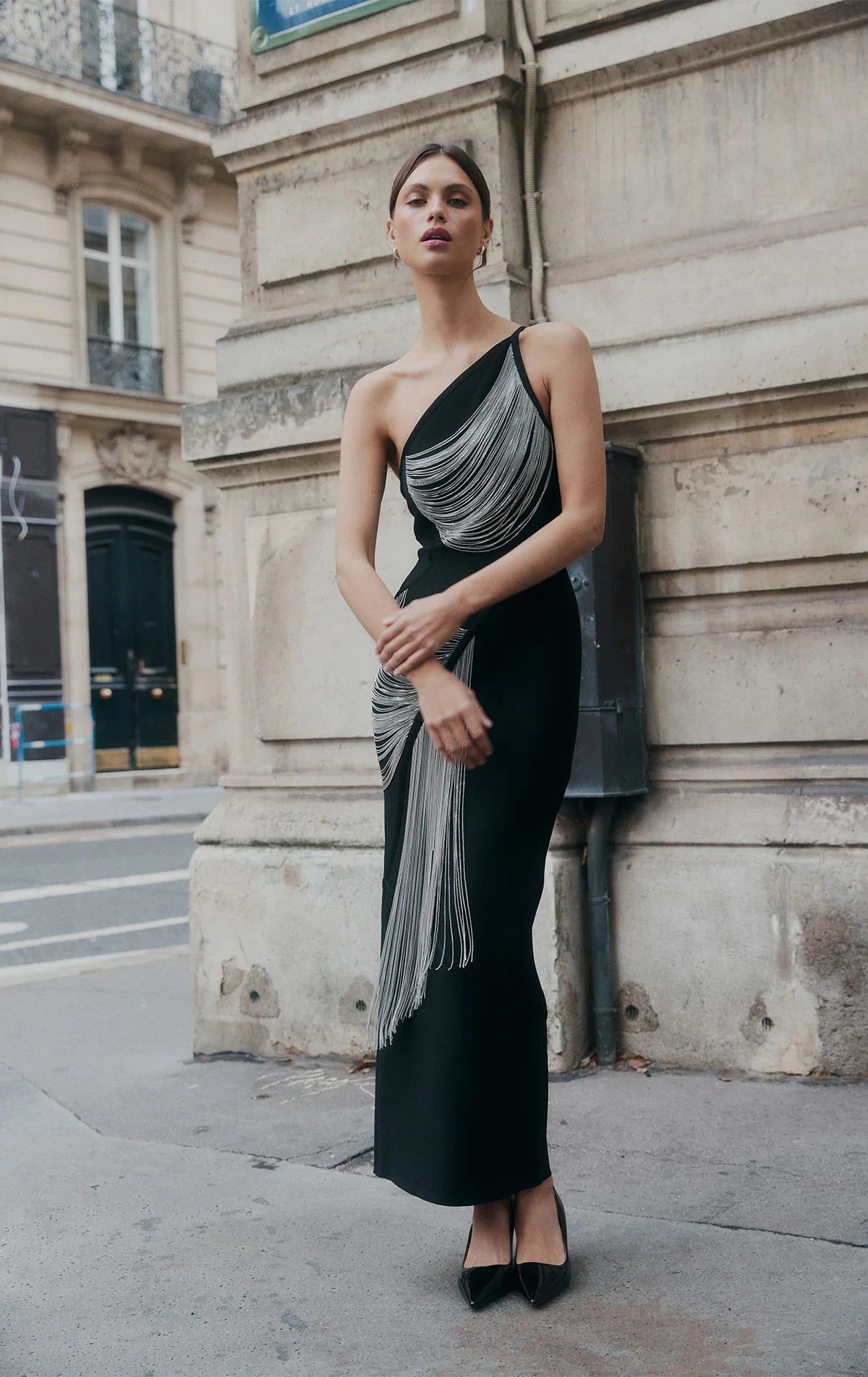 New Arrival Women Sexy Halter Off the Shoulder Silver Tassels Bodycon Long Bandage Dress Evening Party Celebrate Cocktail Wear