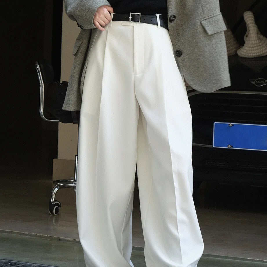 [LANMREM] Korean Style Pleated White Pants For Women High Waist Wide Leg Trousers Casual Loose Clothing Spring New 26D8719 White