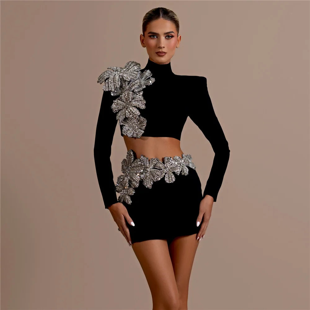 High Quality Women Long Sleeve Diamond Flowers 2 Pieces Bodycon Mini Bandage Dress Celebrate Nightclub Party Outfit Vestido
