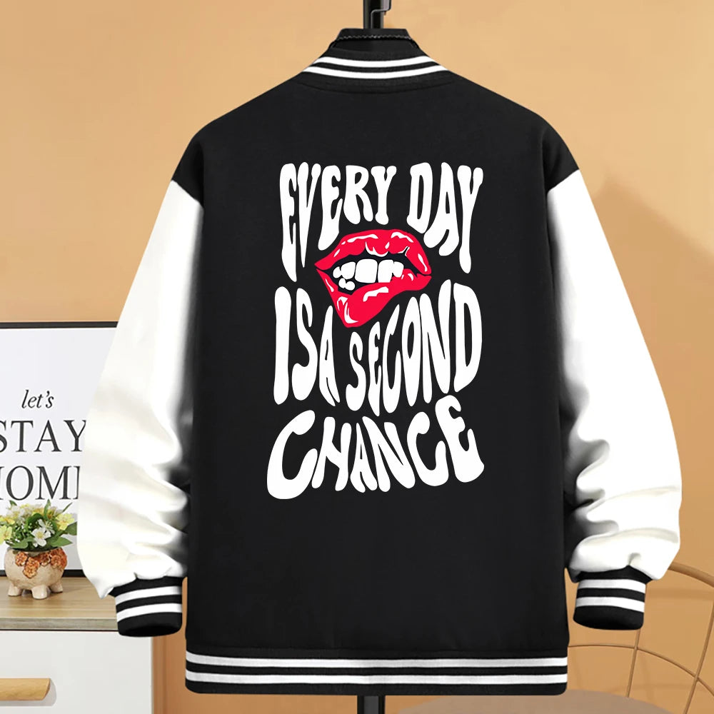 Everyday Is A Second Chance Women Jacket Autumn Loose Baseball Uniform Harajuku Fleece Clothes Fashion Pocket Button Overcoat Black White