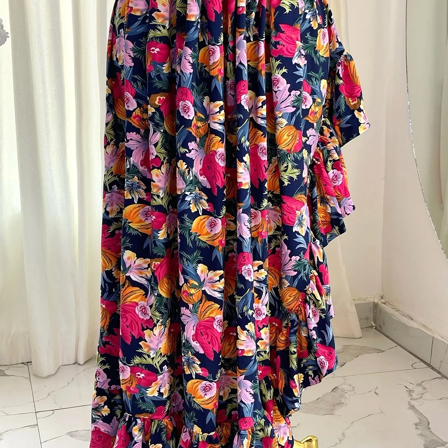 CM.YAYA Women Ruffles Strapless Floral Print Long Irregular Dress Holiday Sweet Birthday Evening Sexy Party Dresses Vestidos