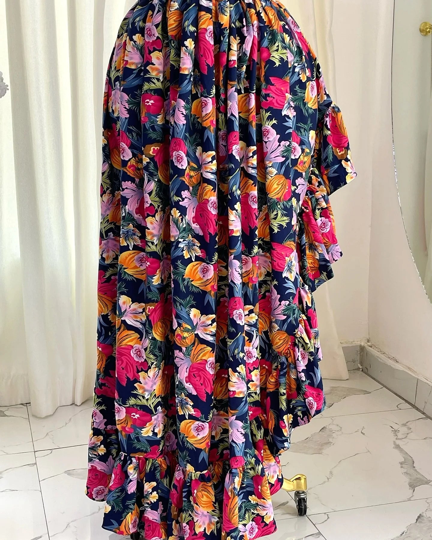 CM.YAYA Women Ruffles Strapless Floral Print Long Irregular Dress Holiday Sweet Birthday Evening Sexy Party Dresses Vestidos