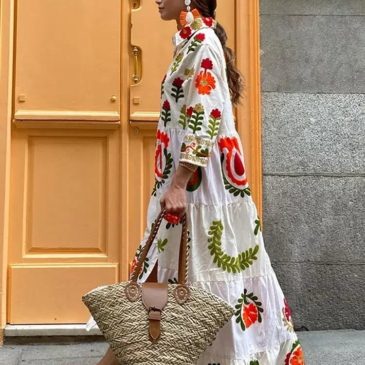 Vintage Flower Print Single Breasted Long Dress Women Elegant Lapel Half Sleeves Loose Hem Dresses Female Vocation Vestidos