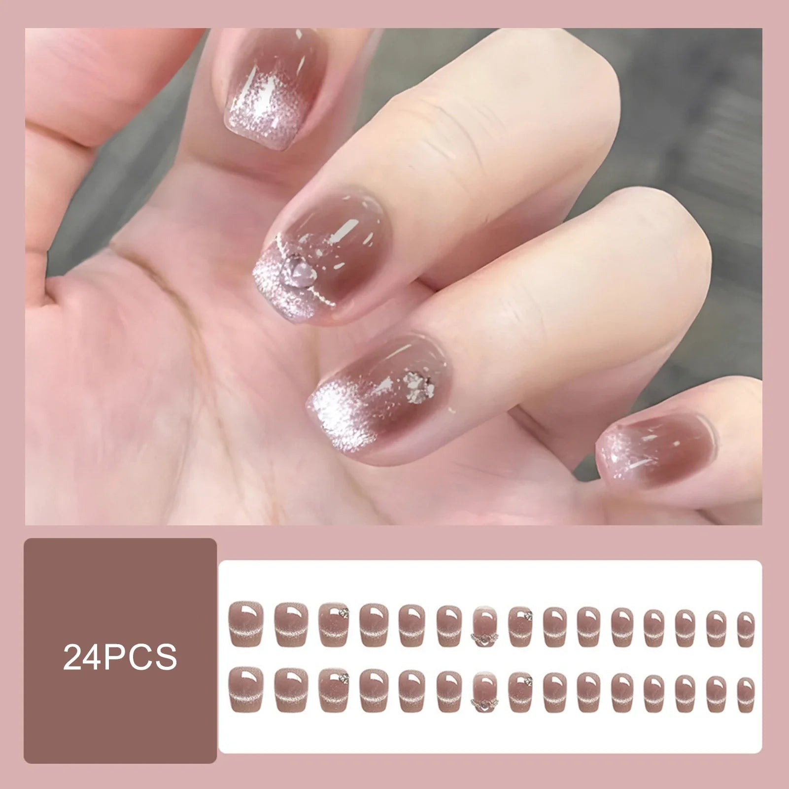 30Pcs Glossy Cat's Eyes Fake Nails Short Ballet Press On Nails Shiny Diamond Decor Sweet Girls Charm Manicure Nails Supplies