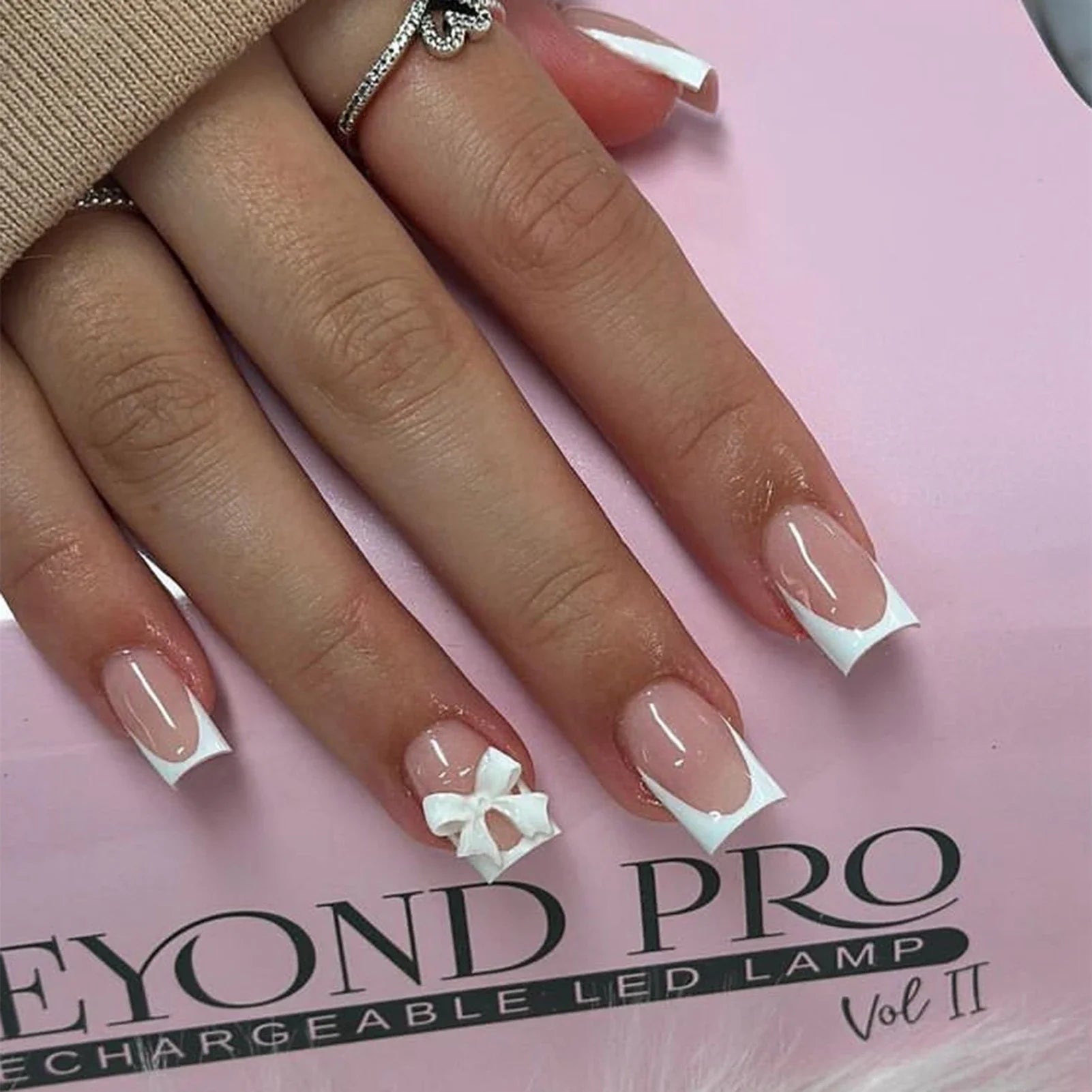 Short Square Blush Pink Fake Nails 24Pcs Sweet Girls Press On Nails 3D Bowknot/Crystal Decor Korean Fashion Acrylic False Nails