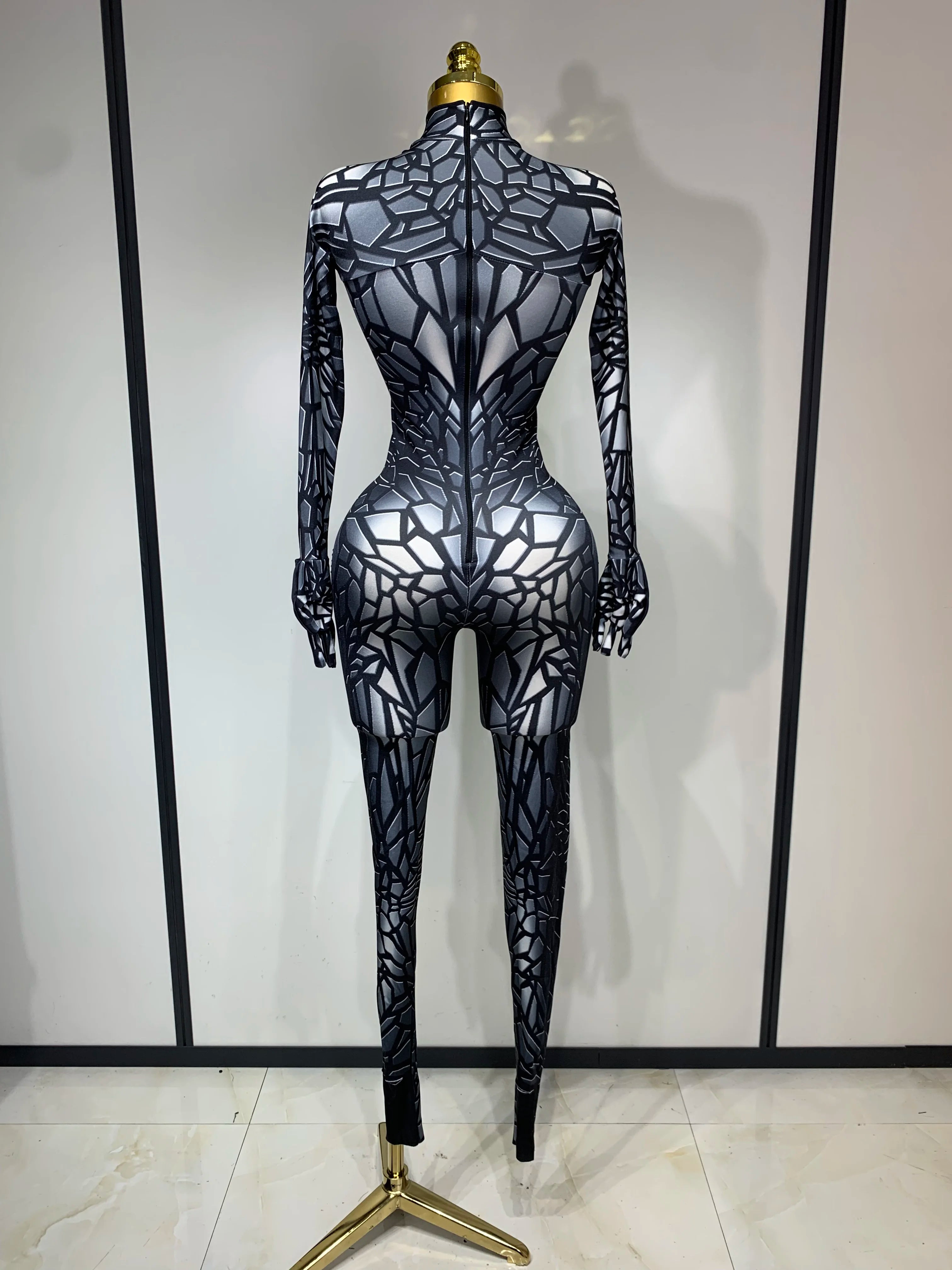 Women Sexy Black Rhinestone Stretch Bodycon Jumpsuit Club Evening Party Birthday Wear Singer Dancer Stage Perform Costume