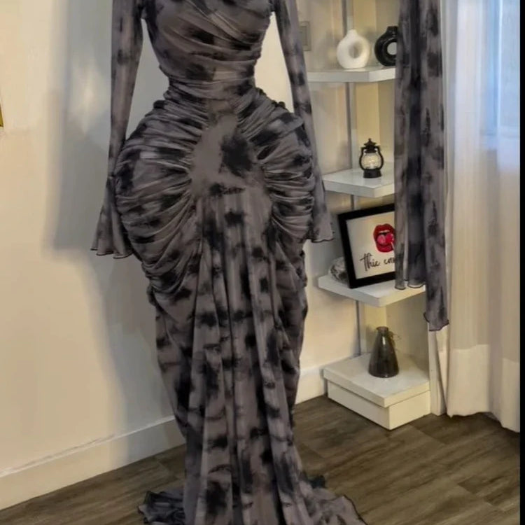 CM.YAYA Women Tie Dye Printed Skew Neck Flare Long Sleeve Ruched Stacked Maxi Long Dress 2025 Summer Birthday Sexy Party Dresses Color04