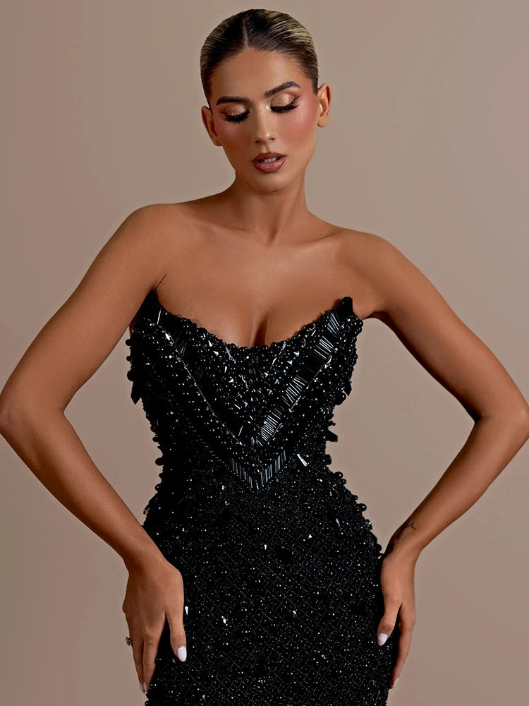 VC Stunning Strapless Sleeveless Black Crystal Sequin Dress Luxury Party Evening Gown