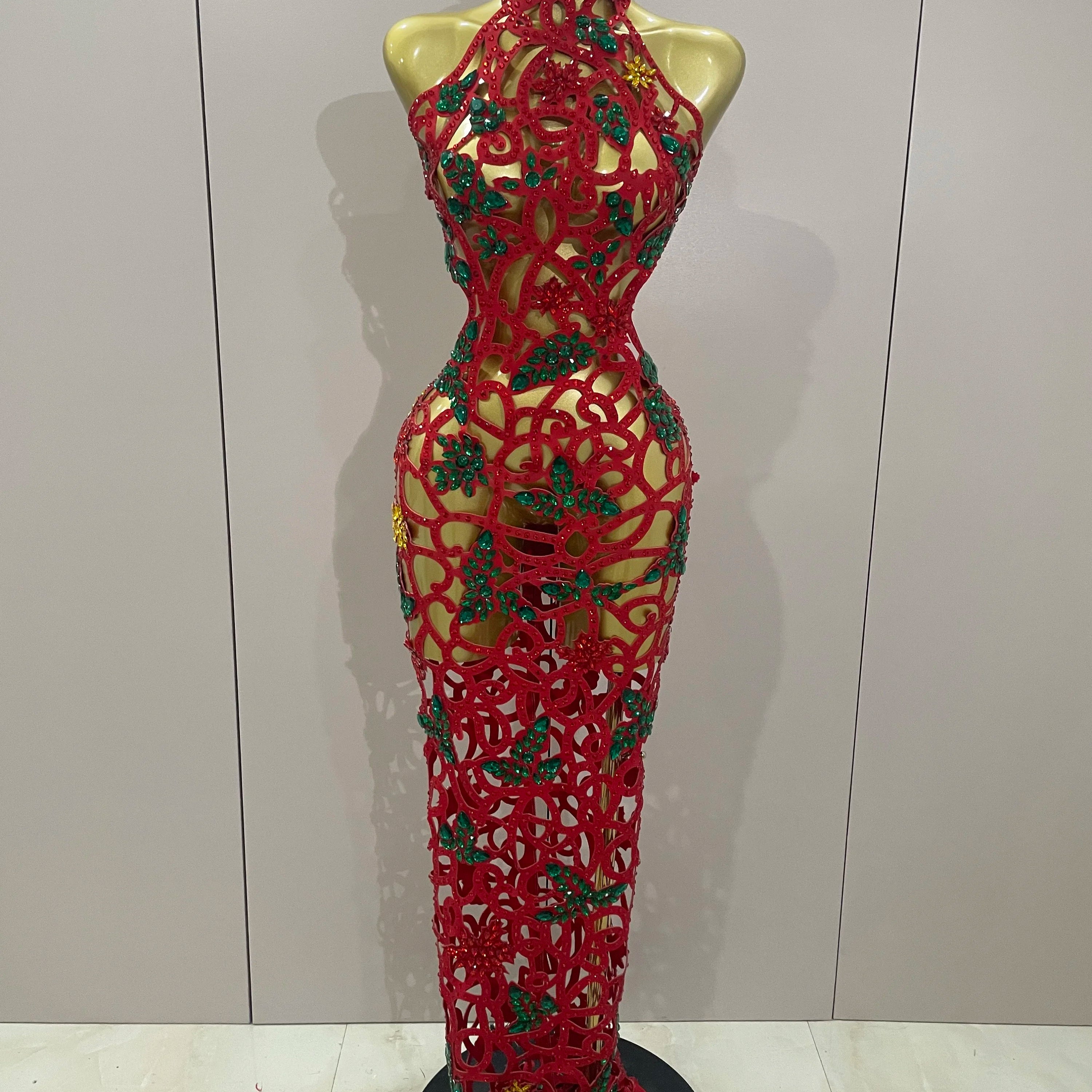 Sexy Shiny Colorful Rhinestone Hollow Out Long Dress Women Celebrate Evening party Nightclub Singer Stage Photo Shoot Costume