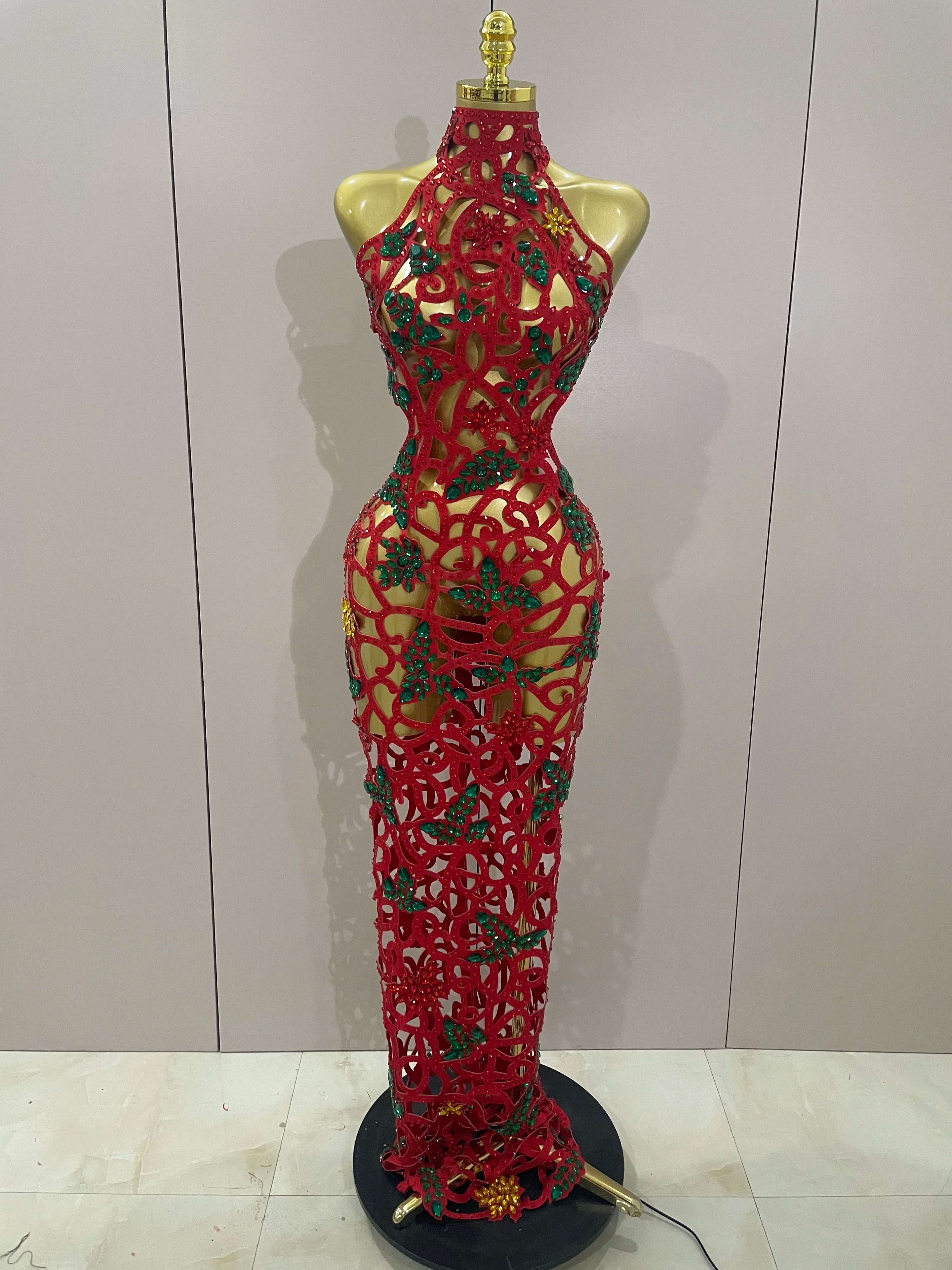 Sexy Shiny Colorful Rhinestone Hollow Out Long Dress Women Celebrate Evening party Nightclub Singer Stage Photo Shoot Costume