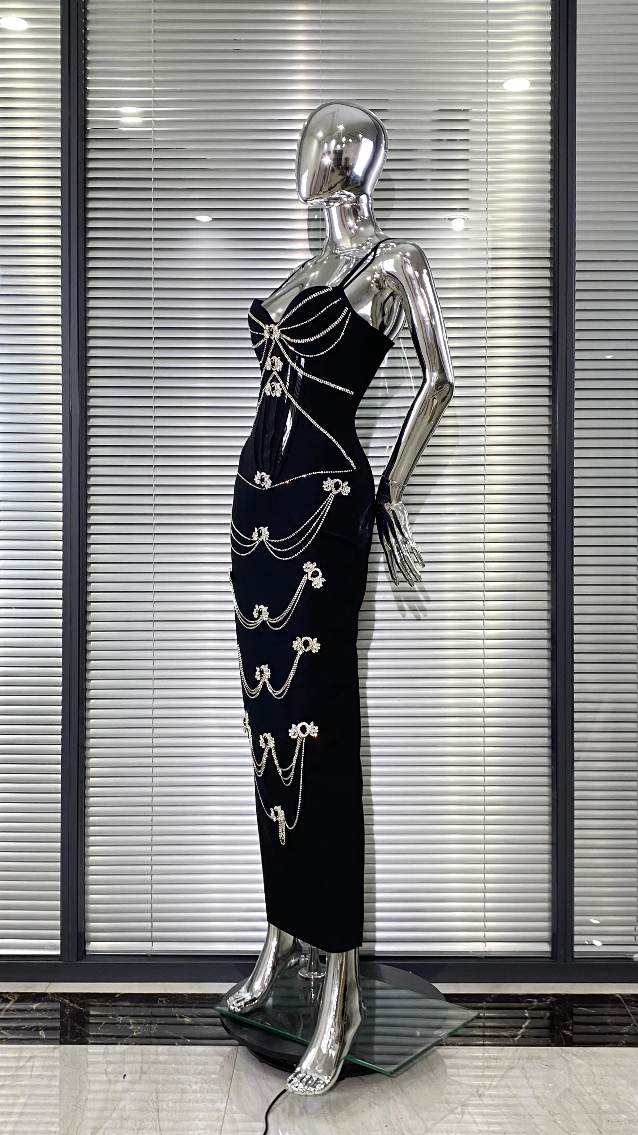 Luxury Woman Haute Couture Evening Dress Sparkling Diamonds Strapless Black Ankle Length Bandage Dress Birthday Party Outfit